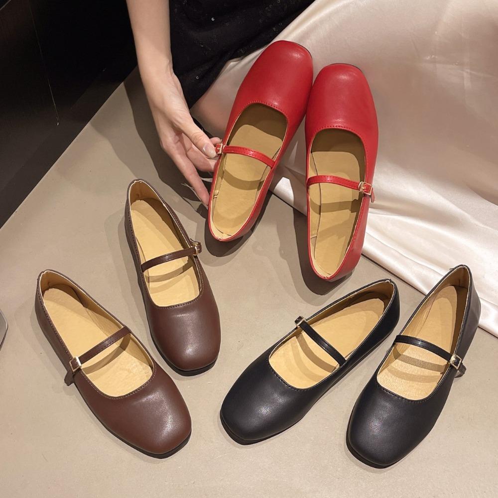 Fashion Retro Style Square Toe Women's Mary Jane Shoes Elegant Shallow Dress Flats Leather Footwear for Ladies