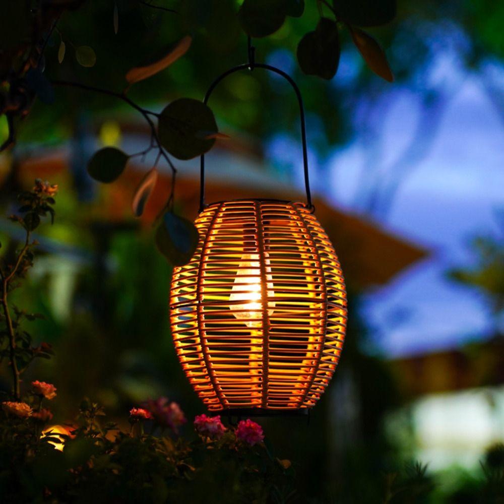 Waterproof Solar  Imitation  Lantern with Handle Weave Wind Lamp Yard Lantern  Outdoor