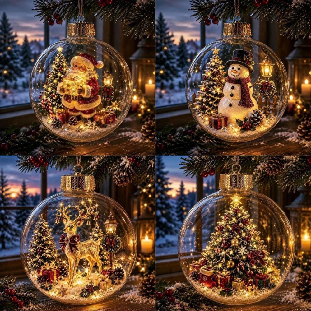 Acrylic Material Christmas Ball Ornament with Light Transparent Design Hanging Christmas Decoration 8CM Size Santa Claus Pendant