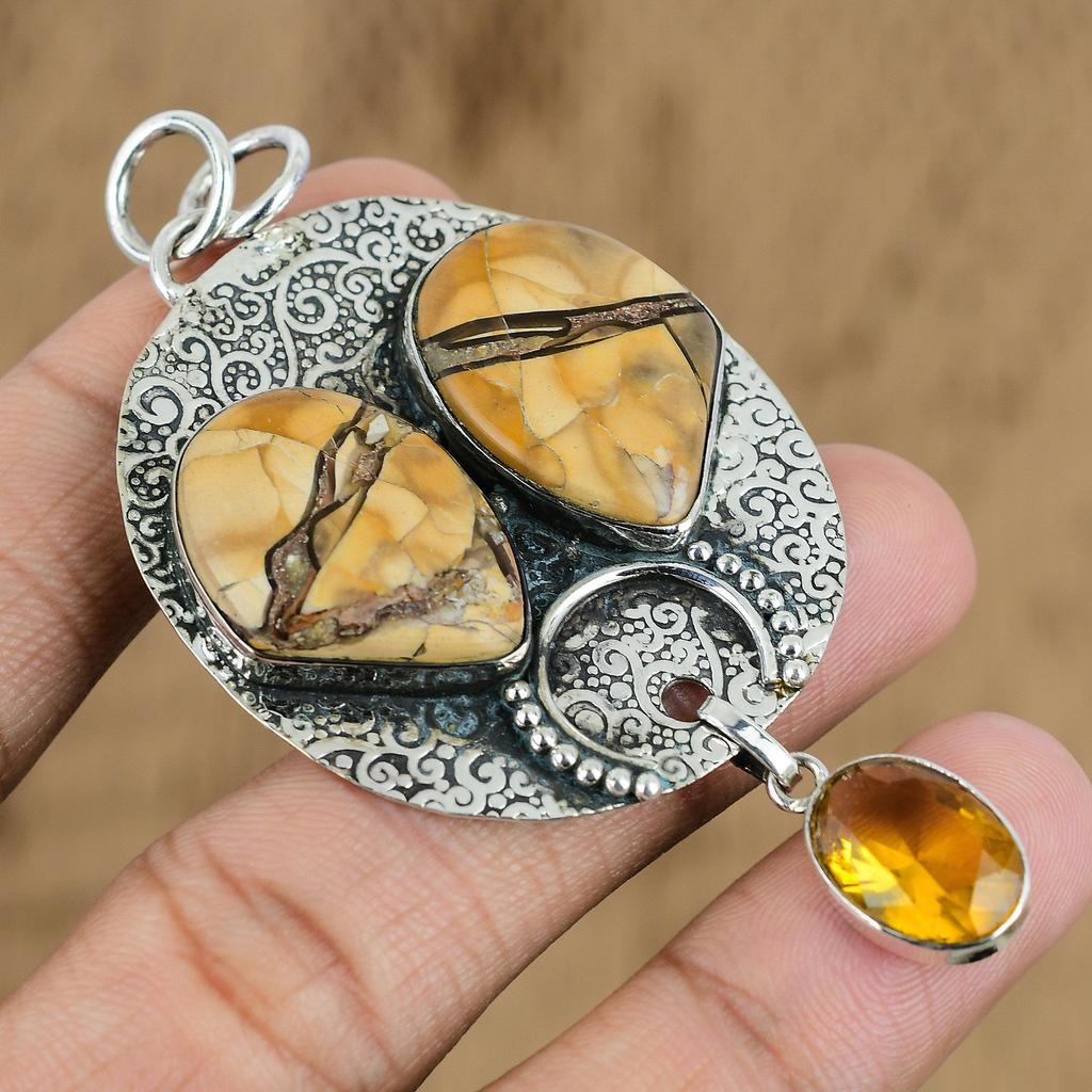 Brecciated Mookaite Gemstone Citrine Handcrafted Wedding Pendant Sterling Silver
