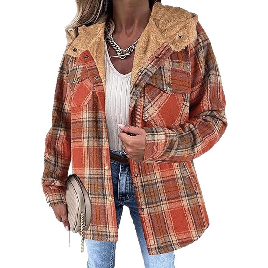 Fall Winter Women's Plaid Casual Versatile Jacket Long Sleeve Hooded Coat with Pockets