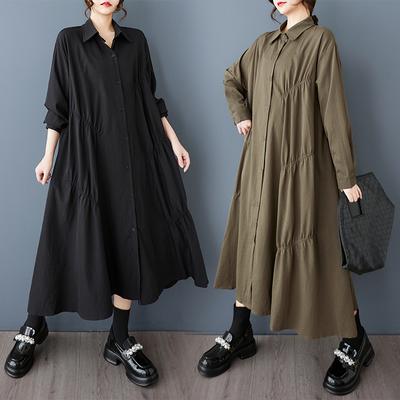 DIMANAF 2025 Plus Size Spring Dress Women Casual Vintage Long Shirt Dress Loose Solid Buttons Basic Oversize Dress
