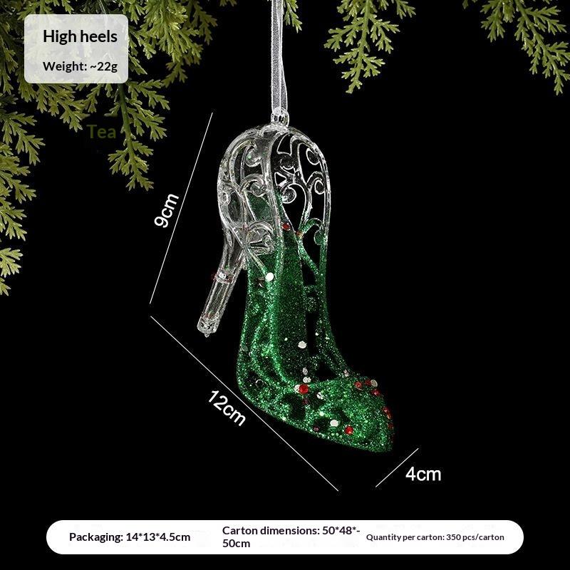 Green Glitter Christmas Hanging Ornament Sparkling Reindeer/High Heel/Tree /Snowflake Designs Pendants With Ribbon Decor