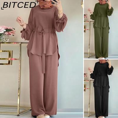 Muslim Dameskleding Effen Kleur Trekkoord Strik Tweedelig Pak Ronde Hals Top Wijde Pijpen Broek Elegant Damespak