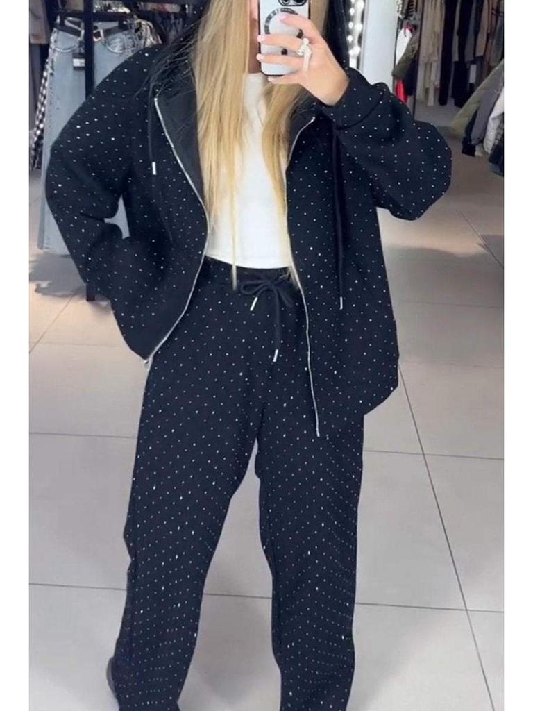 Women's Autumn/Winter Hooded Sweatshirt and Wide-Leg Pants Set with Full Diamond Details