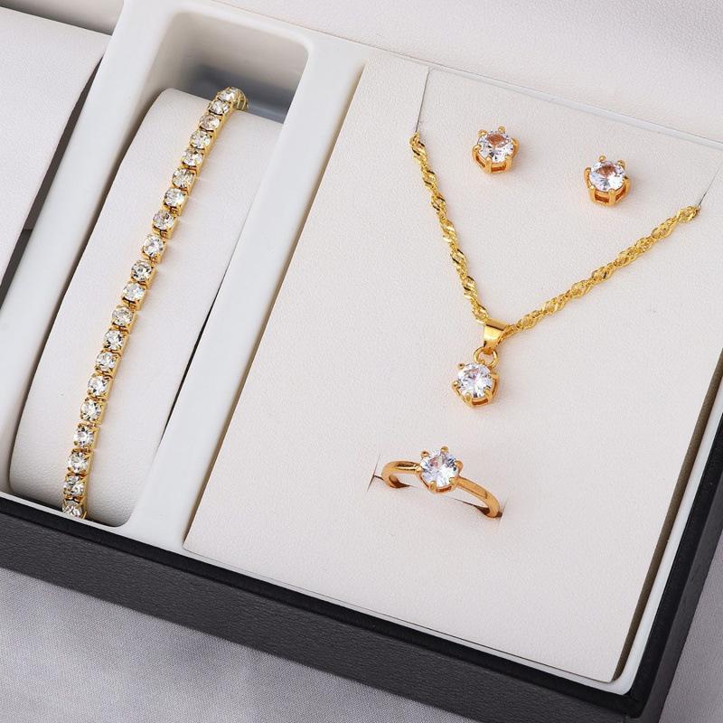 Classic Six-Claw Zircon Jewelry Set: Pendant, Necklace, Bracelet, Ring, & Studs золотой