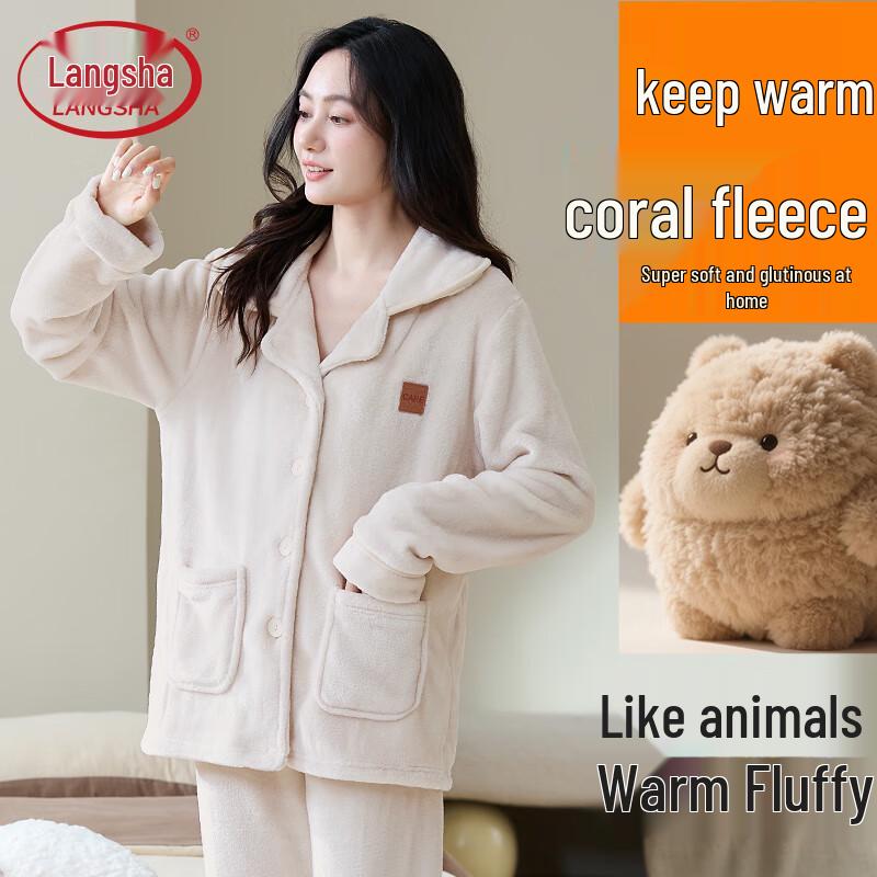 Langsha Women s Warm Coral Fleece Pajama Set L