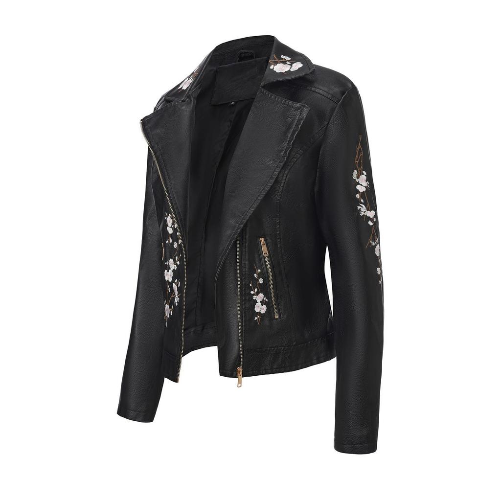 Women’s Faux Leather Jackets Embroidered Flower PU Bomber Coat Diagonal Zipper Outer Wear Autumn Winter Spring Motorcycle Biker Jacket