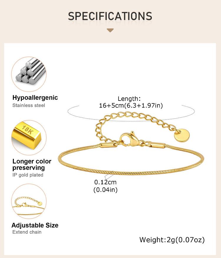 Snake Chain Bracelet for Women Stainless Steel Round 1.2mm 2mm Non-tarnish Waterproof Minimalist Stacking Jewelry