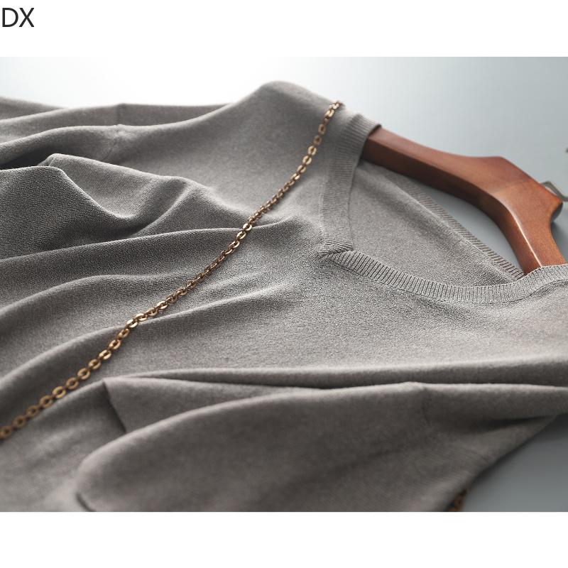 DX-Micro rozšířený okvětní lístek rukáv top s výstřihem do V dámské letní pletené tričko volný krátký rukáv ledový hedvábný svetr tenký dámská košile zahraničního stylu