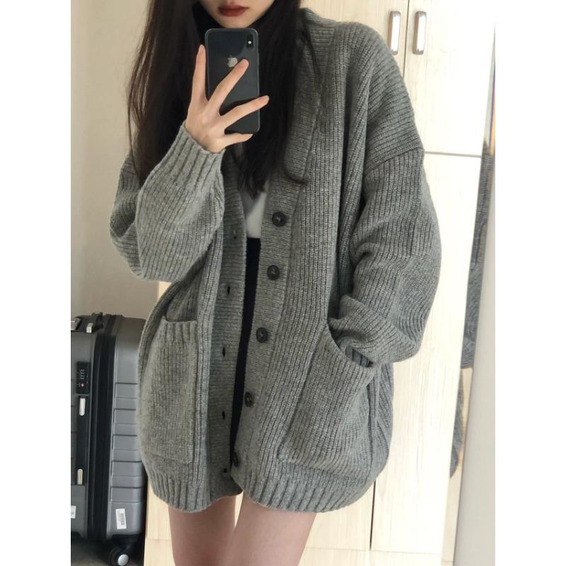 Autumn Winter V-neck Solid Color Loose Casual Cardigan Coat Women All-match Knitting Jacket Outwear Top