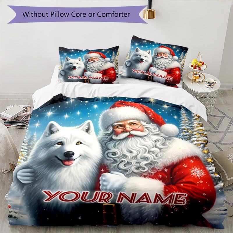 3PC Custom Name Santa's Winter Journey Bedding Set Printed Bedding Set Duvet Cover Closure Includes 1 Duvet Cover & 2 Pillowcases for All Seasons Bedr