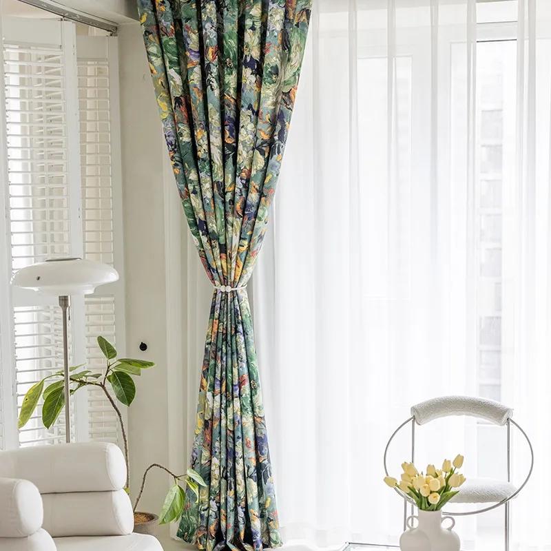 Olejomalba na záclony v americkém stylu Retro květinová záclona Ložnice Balkon Okno Podlaha Zastínění Tyč na záclony