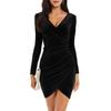 Women's Sexy Velvet Long Sleeve V Neck Mini Dress Ruched Bodycon Faux Wrap Cocktail