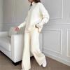 Womens Solid Color High Neck Knit Set Casual Loose Fit Wide Leg Pants Two Piece Outfit Winter