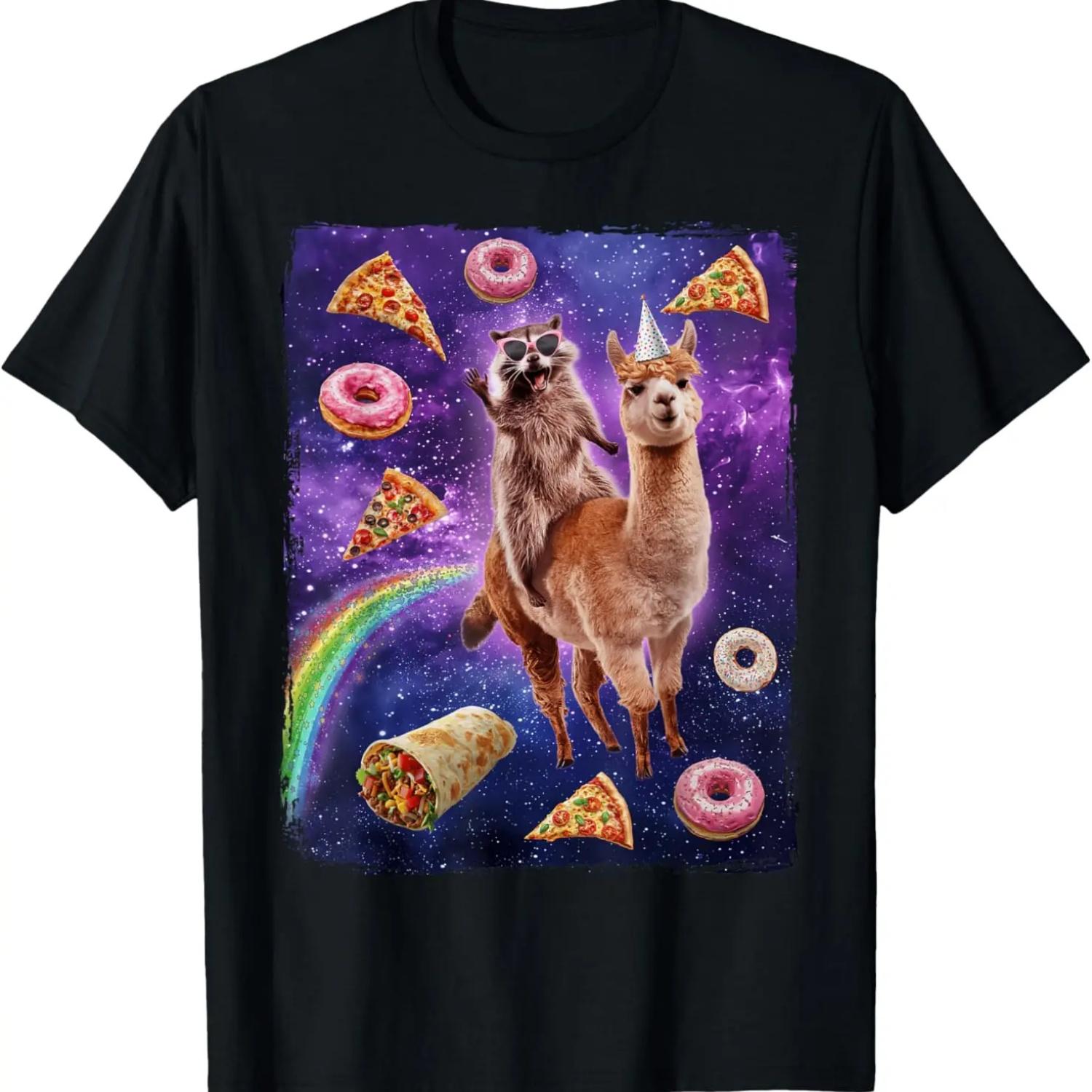 Raccoon Riding Alpaca Dank Meme Galaxy T-Shirt S чёрный