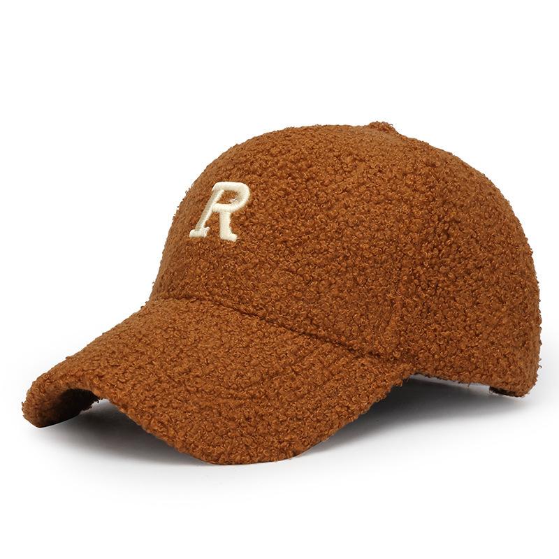 Embroidery R Letter Lamb Wool Baseball Cap Women's Autumn and Winter Casual Cap