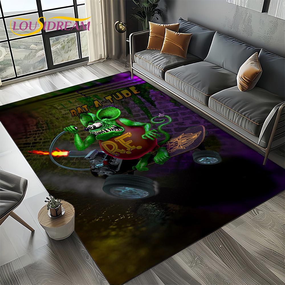 RF Funny Rat Fink Cartoon Motorcycle Sign Carpet Rug for Living Room Bedroom Home Sofa Decoration,Area Rug Non-slip Floor Mat