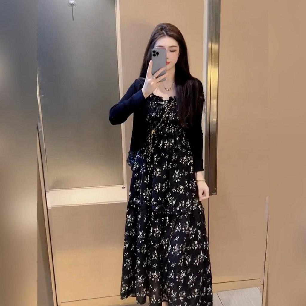 Trendy Women's Summer Cardigan Set: Slimming Sun Protection, Floral Camisole Dress & Slit Long Skirt