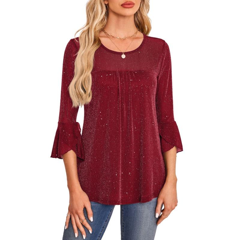 Summer pleated flared sleeve round neck mesh cropped shirt women