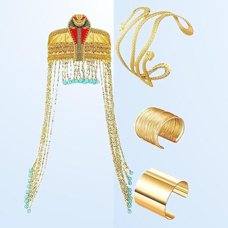 Egyptian Costume Accessories Includes Snake Egyptian Headpiece with Tassels Beads Wrist Bracelet Cuff Snake Arm Cuff