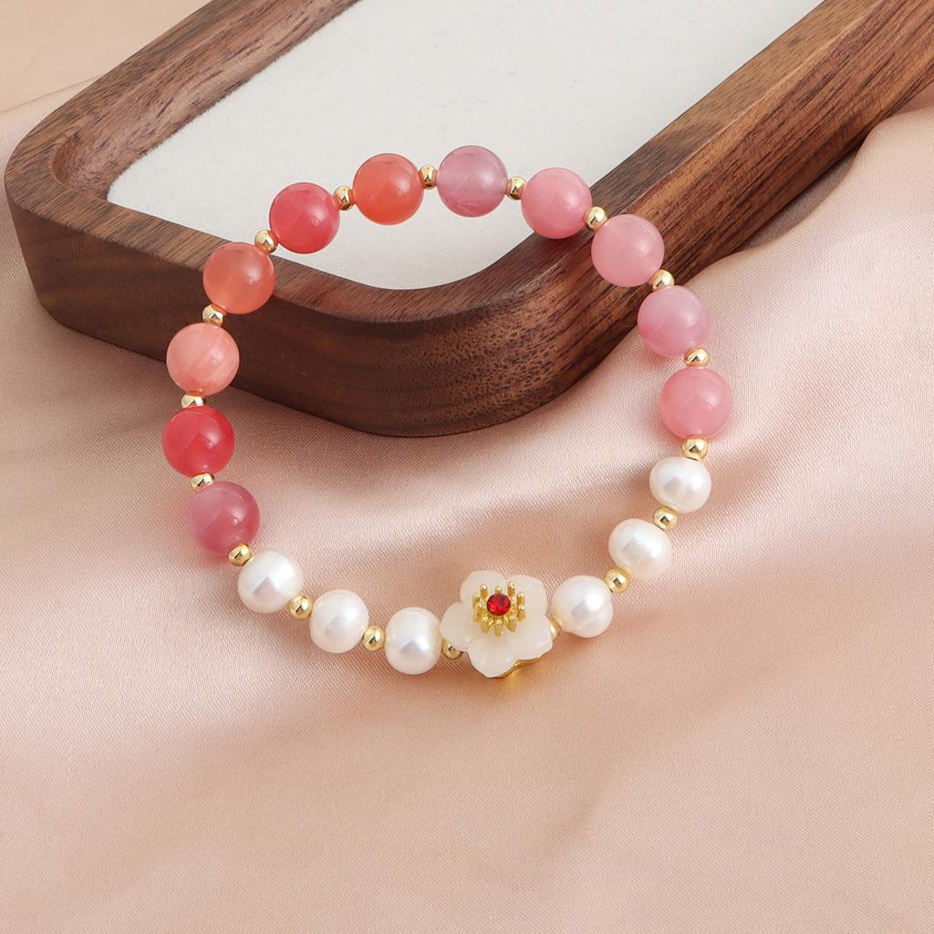 Natural freshwater pearl powder crystal aquamarine crystal bracelet peach blossom hand jewelry bracelet small fresh jewelry