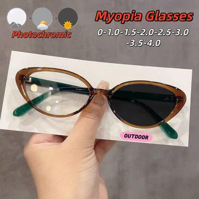 High-end Fashion Trend Cat-eye Frames Photochromic Myopia Glasses Women Men Luxury Ultraviolet-proof Eyeglasses 0 To -4.0