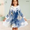 Girls Furry Collar Long Sleeve Beige Black Printed A Line Flared Dress With Bow