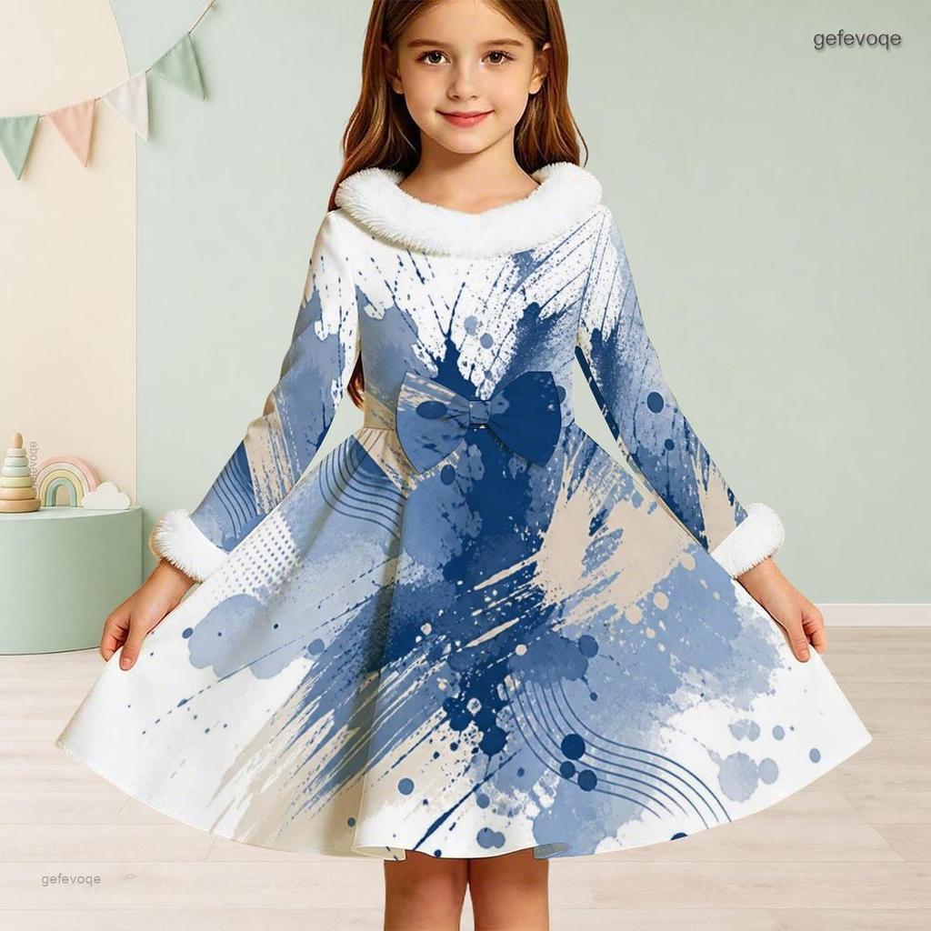 Girls Furry Collar Long Sleeve Beige Black Printed A Line Flared Dress With Bow