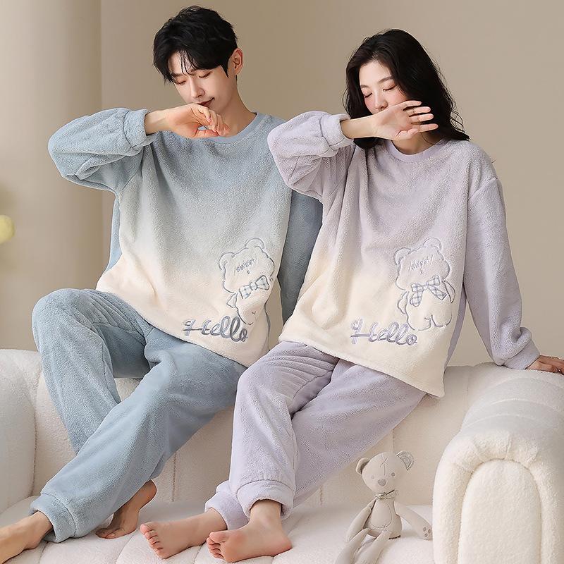 Winter Neu Flanell Verdickt Samt Rundhals Pullover Paar Pyjama Set, Tragen Warme Hauskleidung