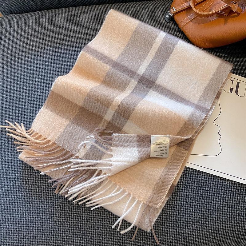 New Wool Warm Scarf for Women in Color Blocked Plaid Scarf Long Tassel Scarf Thickened and Warm