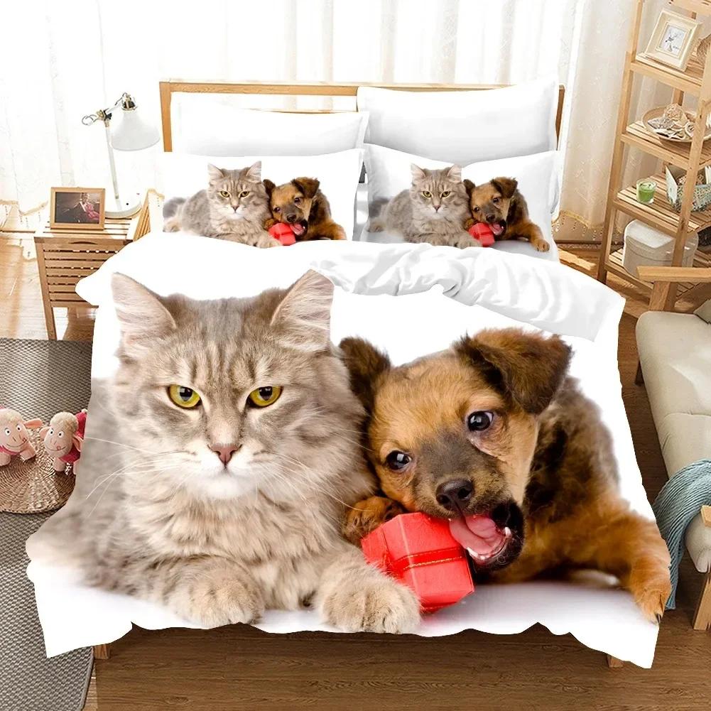 3D Dog And Cat Comfortable Duvet Quilt Cover Pillowcase Bedding Set Children Bedroom Decoration Home Textile