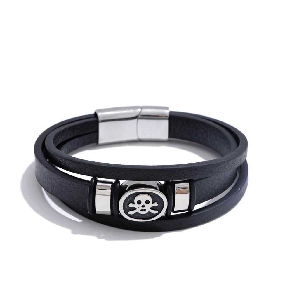 

Yhpup 65mm Statement Leather Metal Skull Layered Bracelet Bangle Stainless Steel Men Wrist Handmade Punk Jewelry Accessories