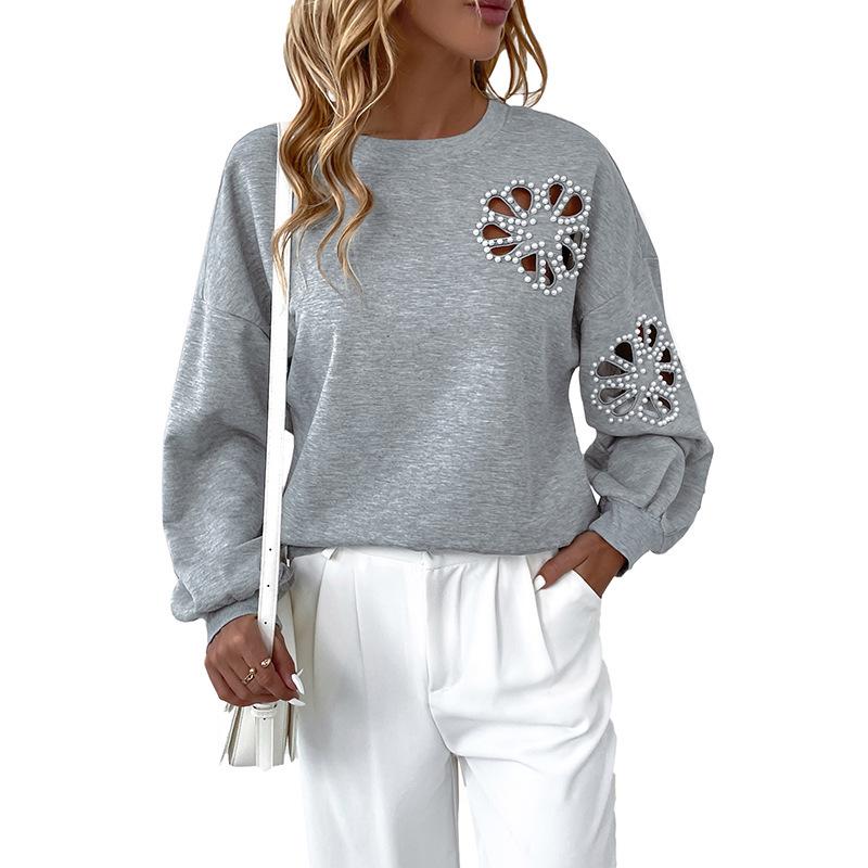 Women's Flower Beaded Hollow-Out Pullover Hoodie, Round Neck Loose Casual Autumn Top