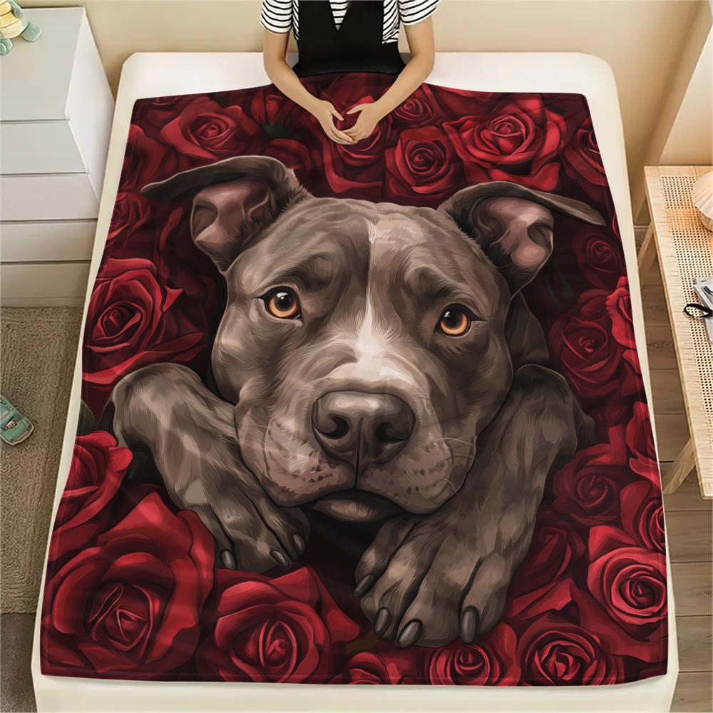 Pitbull a růže, vzor Flanelová deka, Vysoká kvalita, Pohodlná pro všechna roční období, Domácí dekorace, Teplo a pohodlí, Ideální pro dárky.