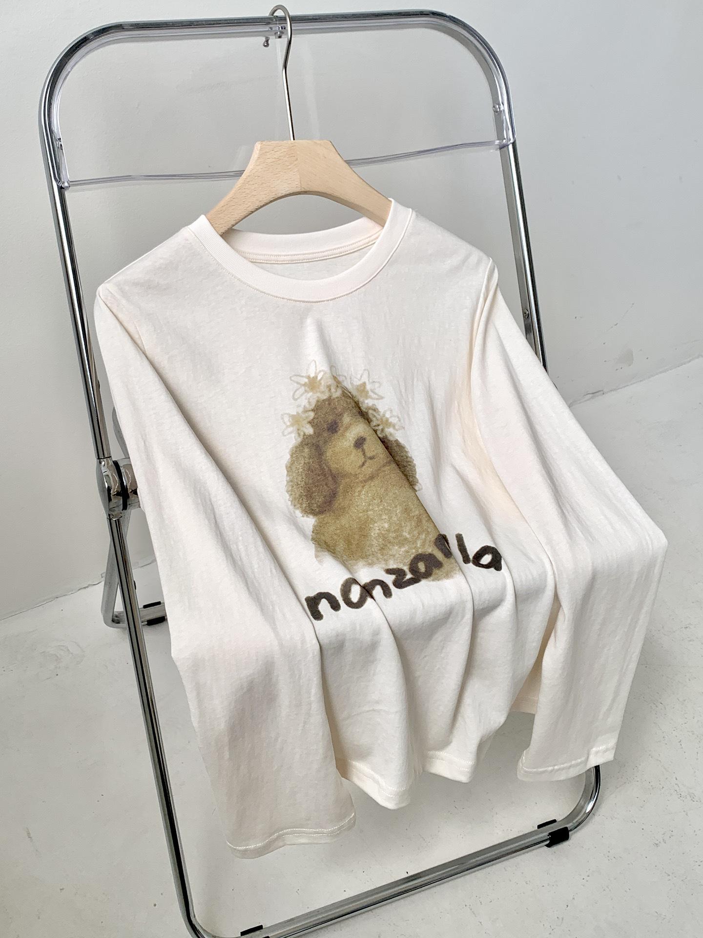 

Korean Retro Puppy Print Long Sleeve Women s T-shirt - Casual, Versatile, Thin Base Layer for Early Spring. Small белый