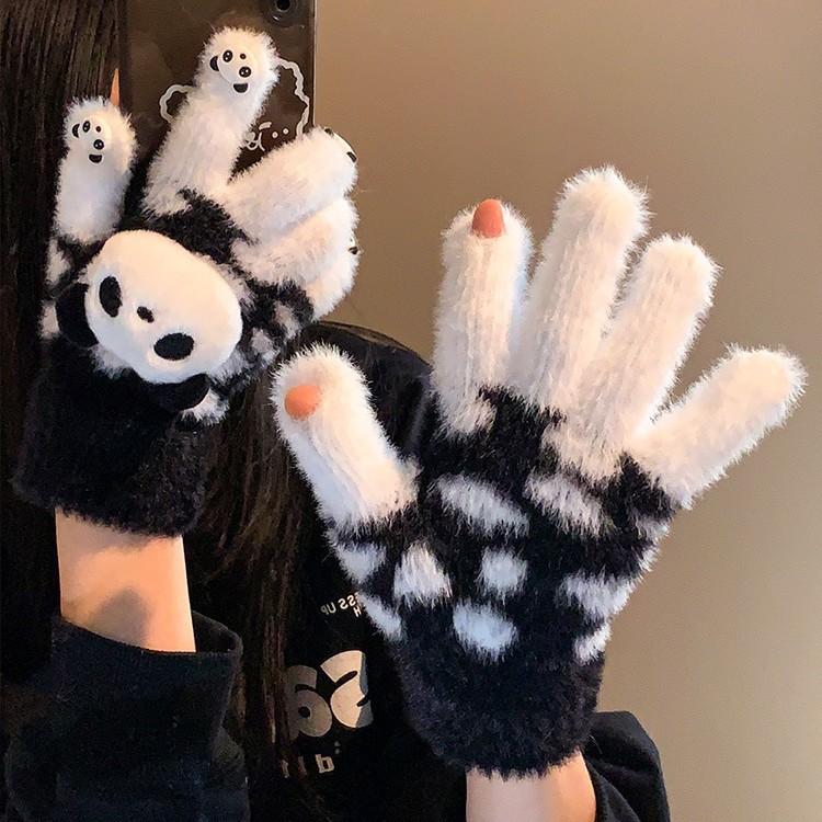 Mignons Gants Tricotés à Cinq Doigts en Peluche Panda Roux pour Femmes en Hiver avec Écran Tactile pour Étudiantes Conduisant des Véhicules Électriques Pour Garder au Chaud et Épaissis