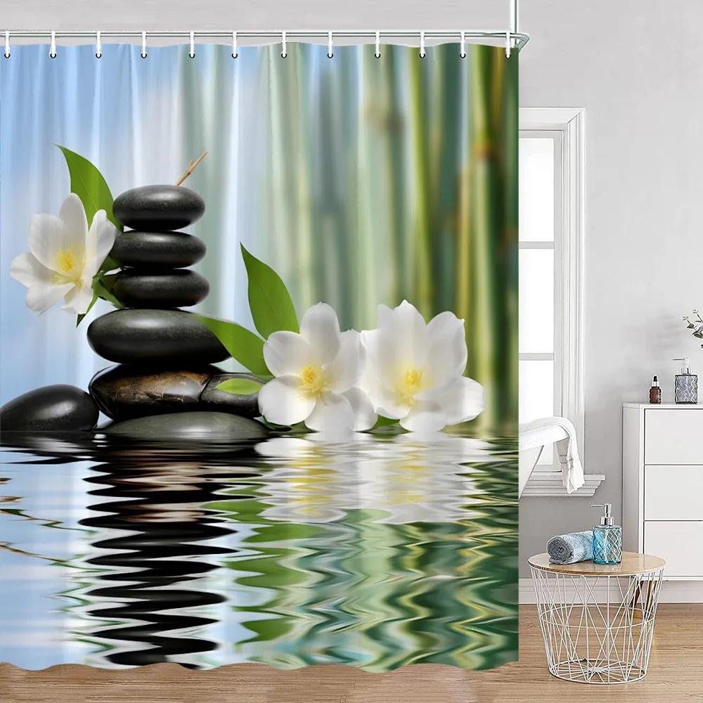 Zen Shower Curtains Black Stone Green Bamboo Lotus Spa Candle Purple Orchid Natural Leaf Bathroom Curtain Meditation Bath Decor