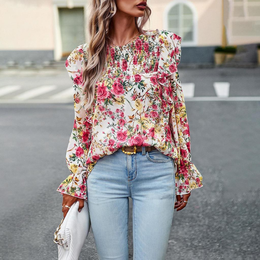 Women's Autumn Winter O Neck Ruffles Lantern Sleeve Floral Commuter Shirt Printed Shirt Tops