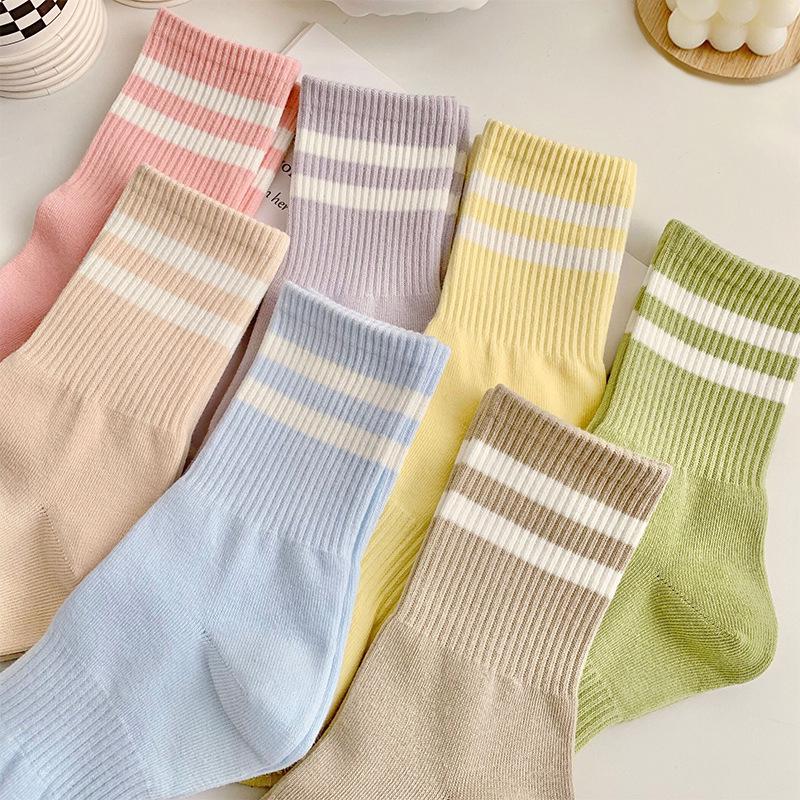 Women's Breathable Antibacterial Candy Color Mid-Calf Cotton Socks with Stripes