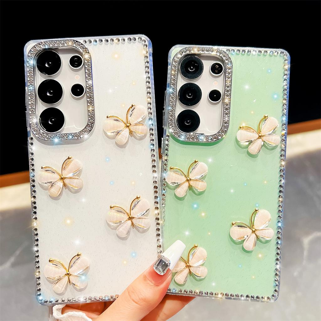 Handmade Sparkly Diamond Glass Butterfly IMD Phone Case, Compatible with Samsung S23 Ultra/S24/S25 & A07/A15/A16/A17/A26/A35/A36/A55/A56