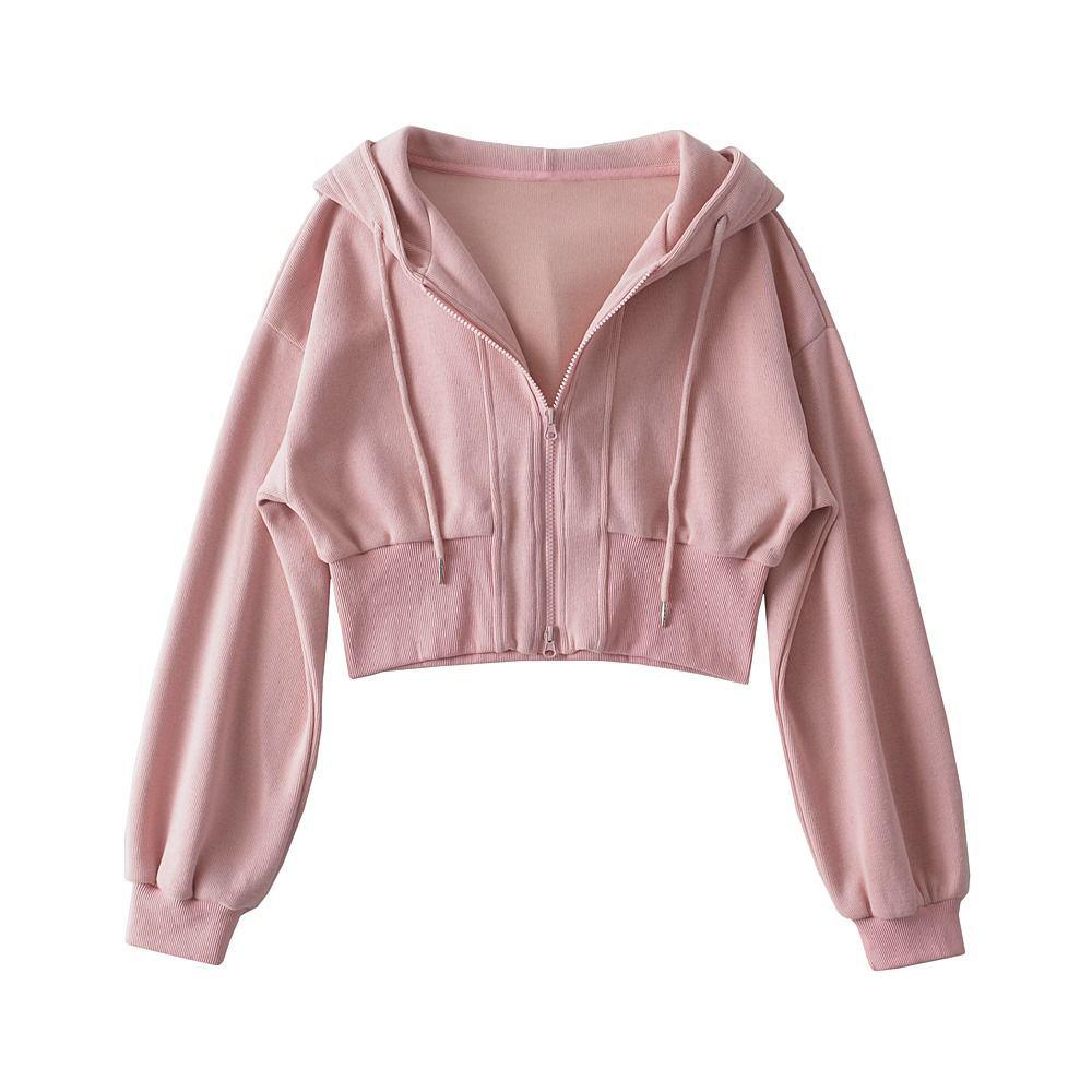 Women's Trendy European & American Double Zipper Hooded Sweatshirt - Solid Color, Loose Fit, High Waist Casual Jacket