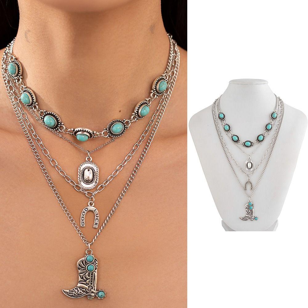 Bohemian Turquoise Chain Choker Vintage Clavicle Chain Multi Layer Necklace  Jewelry Gift