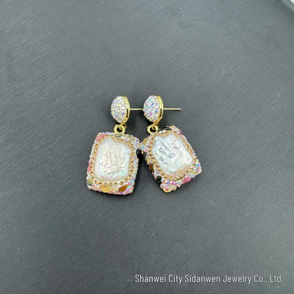 European & American Light Luxury Baroque Pearl Set with Czech Diamonds & Medieval Raw Stone - Three-Piece Set.