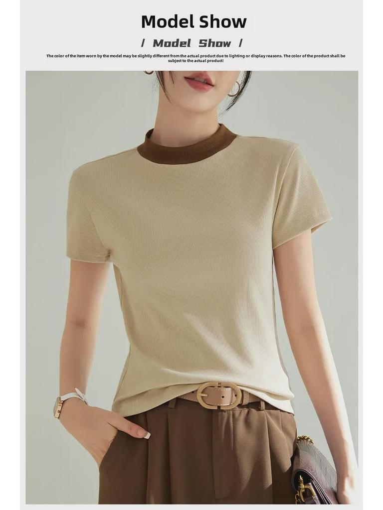 Tricou cu mânecă scurtă slim fit în stil șic franțuzesc pentru femei - Elasticitate ridicată, Atingere răcoroasă, Gât rotund, Primăvară/Vară 2025