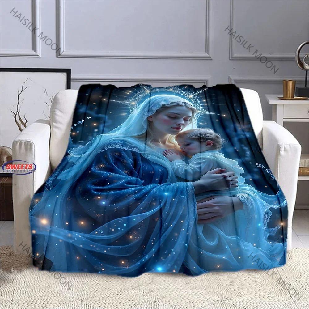 3D Panna Maria Modlící se Křesťanský Bůh Flanelová Umělecká Deka Přehoz na Pohovku Postel Kancelář Čtyři Roční Období Měkká Nadýchaná Prošívaná Deka Flanelový Přehoz