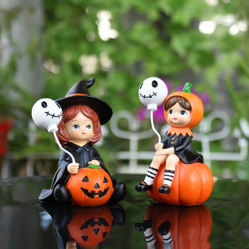 2Pcs Halloween Decors Handcrafted Witch Holding Ghostly Balloon Resins Figurines Ornaments For Home Festives Display