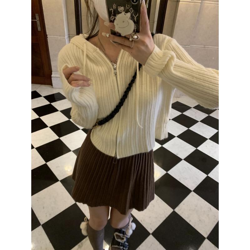 

Костюмы из 2 предметов, вязаные свитера, топ с длинными рукавами для женщин на осень и зиму, внешний и внутренний для похудения, свитер с капюшоном и двойной застежкой-молнией XL белый