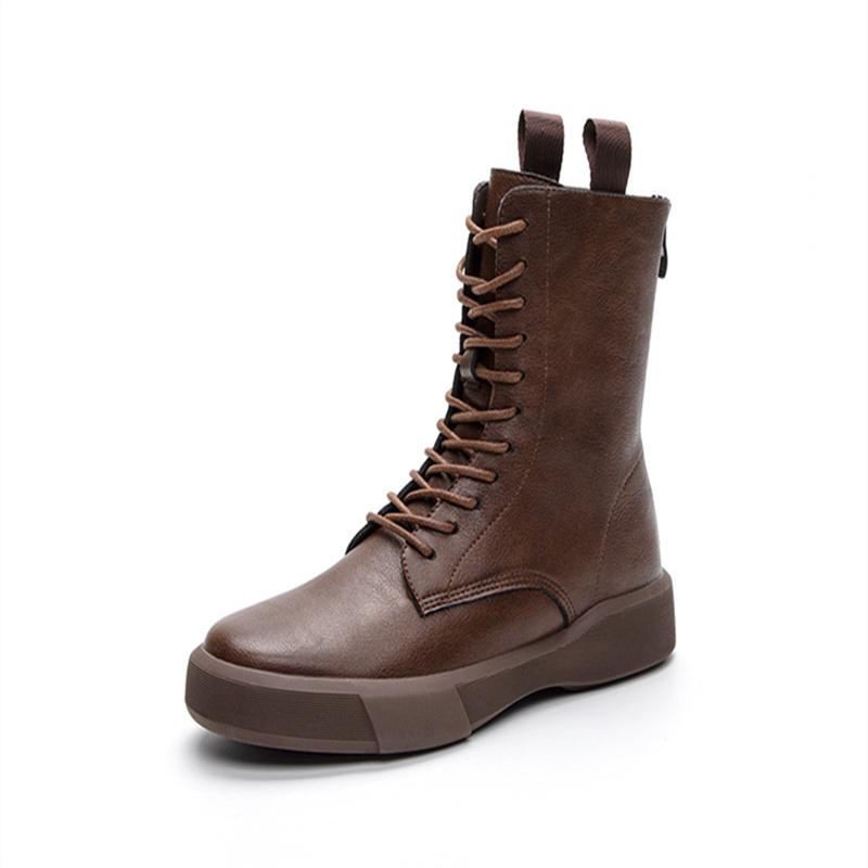 Large Women's British Style 2024 Autumn and Winter New Flat Bottom Retro Medium Sleeve Women's Single Boot Lace Up Back Zipper