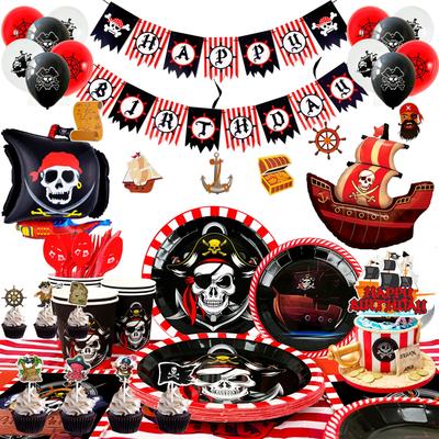 Pirátske narodeninové párty potreby, 161 ks Pirátske párty dekorácie Pirátske taniere Poháre Servítky Obrus Banner Balóny atď Párty dekorácie